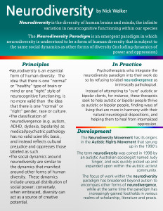 Image:  poster with green top margin on upper and multicolored borders.   Text reads:   Neurodiversity is the diversity of human brains and minds, the infinite variation in neurocognitive functioning within our species The Neurodiversity Paradigm is an emergent paradigm in which neurodiversity is understood to be a form of human diversity that is subject to the same social dynamics as other forms of diversity (including dynamics of power and oppression) Principles Neurodiversity is an essential form of human diversity.  The idea that there is one &quot;normal&quot; or &quot;healthy&quot; type of brain or mind or one &quot;right&quot; style of neurocognitive functioning, is no more valid than  the idea that there is one &quot;normal&quot; or &quot;right&quot; gender, race or culture. The classification of neurodivergence (e.g. autism, ADHD, dyslexia, bipolarity) as medical/psychiatric pathology has no valid scientific basis , and instead reflects cultural prejudice and oppresses those labeled as such.  The social dynamics around neurodiversity are similar to the dynamics that manifest around other forms of human diversity.  These dynamics include unequal distribution of social power; conversely, when embraced, diversity can act as a source of creative potential. In Practice Psychotherapists who integrate the neurodiversity paradigm into their work do so by refusing to label neurodivergence as intrinsically pathological. Instead of attempting to &quot;cure&quot; autistic or bipolar clients, for instance, these therapists seek to help autistic or bipolar people thrive as autistic or bipolar people, finding ways of living that are more in harmony with their natural neurological dispositions, and helping them to heal from internalized oppression. Development The Neurodiversity Movement has its origins in the Autistic Rights Movement that sprung up in the 1990's The term neurodiversity was coined in 1998 by an autistic Australian sociologist named Judy Singer, and was quickly picked up and expanded upon within the autistic activist community. The focus of work within the neurodiversity paradigm has broadened beyond autism to encompass other forms of neurodivergence, while at the same time the paradigm has increasingly gained footholds in various realms of scholarship, literature and praxis.